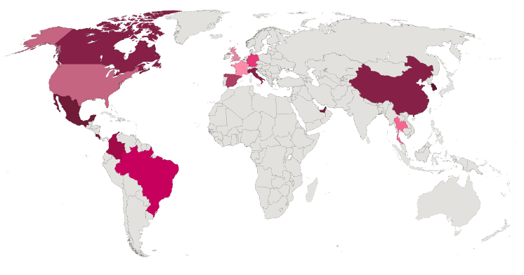 A global map with select countries in North America, South America, Europe and Asia